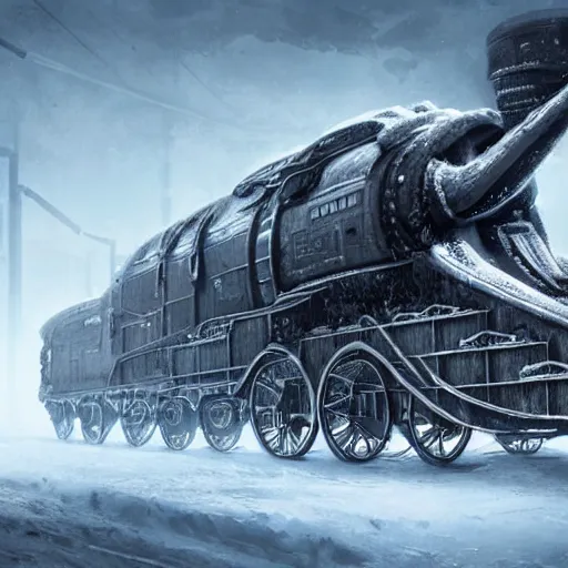 Image similar to an intricate futuristic black steam train and a giant mammoth, post - apocalyptic ice landscape in snowstorm, concept art, artstation, highly detailed, digital art