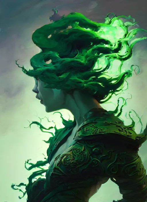 Image similar to side profile, imogen poots, corrupted armor, gloomhaven, luminescent, falling down through endless haunted green swirling souls, evil inky swirly ripples, sickly green colors, by greg manchess, huang guangjian, gil elvgren, sachin teng, greg rutkowski, jesper ejsing, ilya kuvshinov