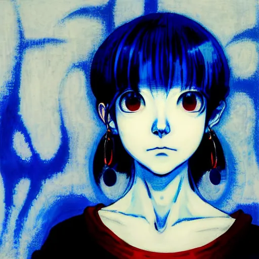 Image similar to blue and white color palette, yoshitaka amano blurred and dreamy realistic three quarter angle horror portrait of a sinister young woman with short hair, big earrings and red eyes wearing office suit with tie, junji ito abstract patterns in the background, satoshi kon anime, noisy film grain effect, highly detailed, renaissance oil painting, weird portrait angle, blurred lost edges