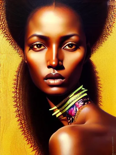 Prompt: a portrait of ethiopian supermodel with a floral background by karol bak, artgerm, moebius, yoji shinkawa : : portrait, illustration, photorealism, hyperrealism