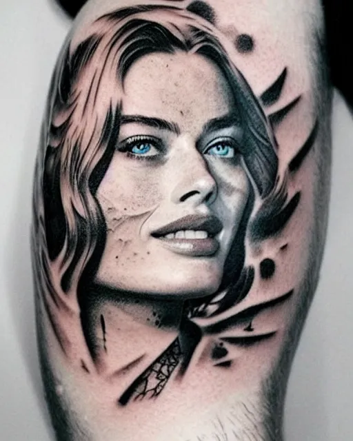 Prompt: creative double exposure effect tattoo design sketch of margot robbie face blended in beautiful mountain scenery, realism tattoo, in the style of matteo pasqualin, amazing detail, sharp