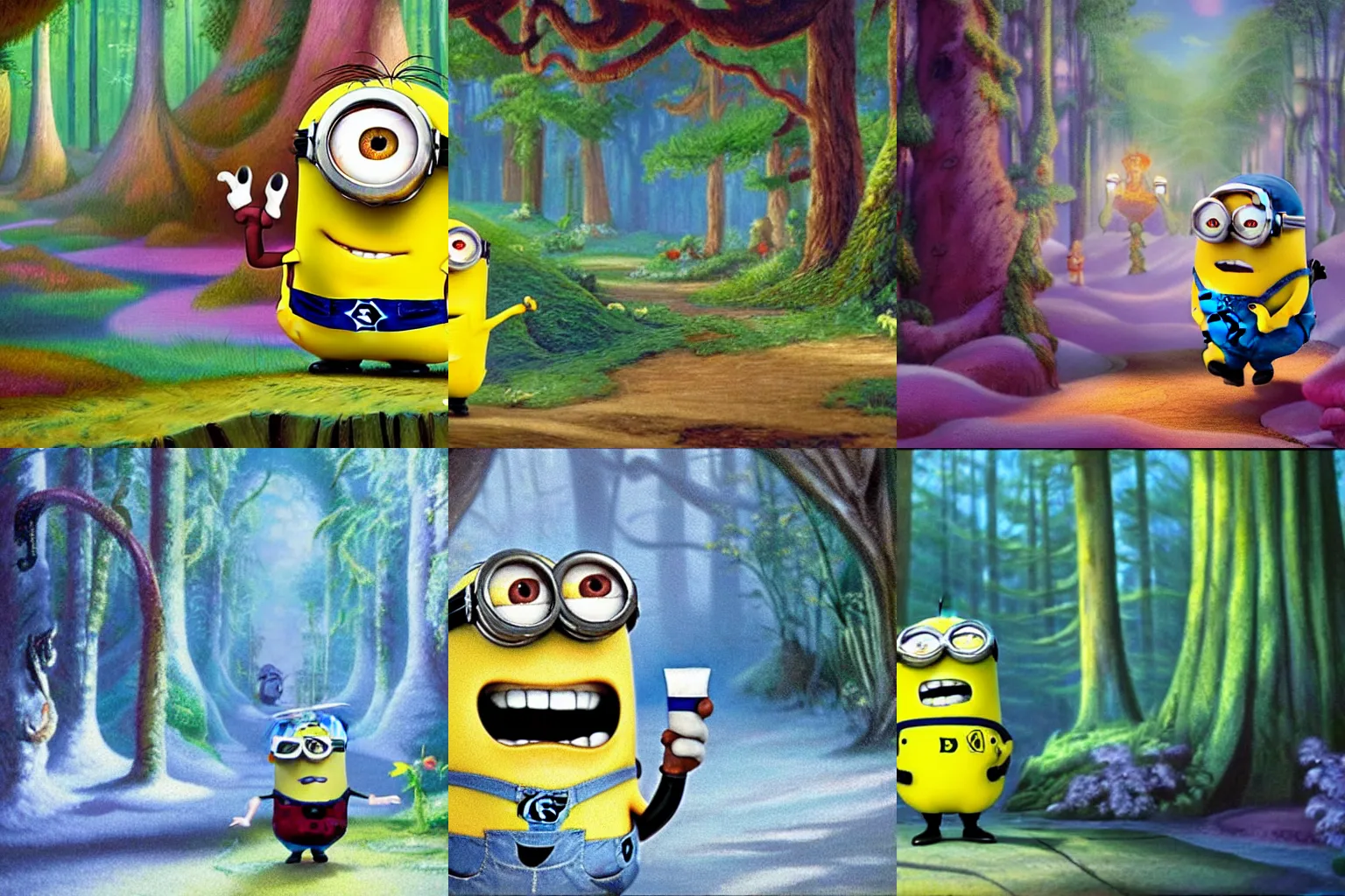 Prompt: A minion is relieved by the toothpaste on his body, Movie frame from the coloured Disney animated motion picture released in 1946, beautiful enchanted forest full of critters, directed by Walt Disney, highly detailed background paintings by Thomas Kinkade