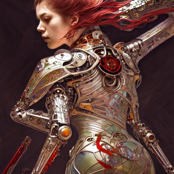 Prompt: organic cyborg samurai, stain - glass, diffuse lighting, fantasy, intricate, elegant, highly detailed, lifelike, photorealistic, digital painting, artstation, illustration, concept art, smooth, sharp focus, art by john collier and albert aublet and krenz cushart and artem demura and alphonse mucha