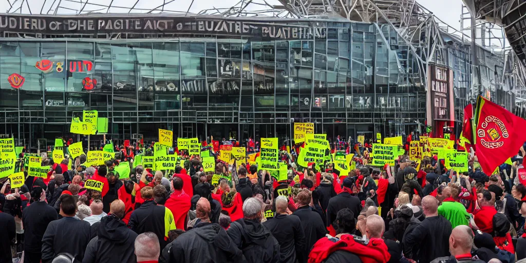 Image similar to # glazersout protests outside old trafford theatre of dreams against the glazers, # glazersout, chaos, protest, banners, placards, burning, pure evil, 8 k, wide angle lens, 1 6 - 3 5 mm, symmetry, cinematic lighting