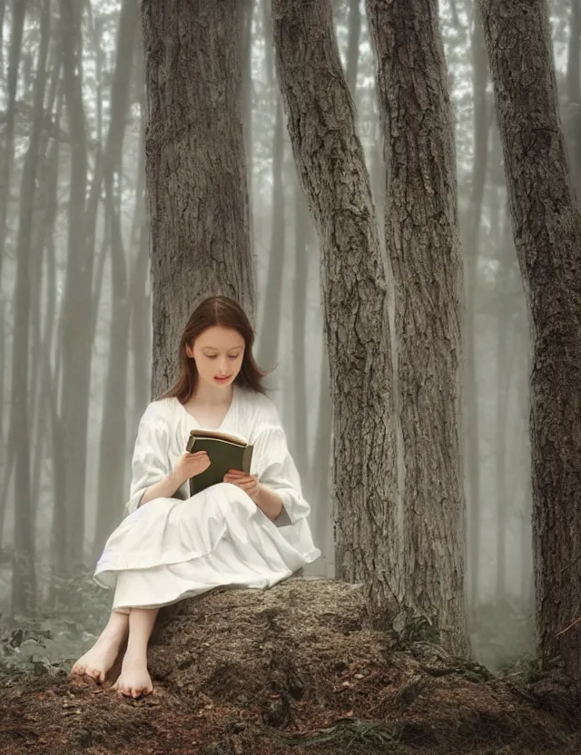 Image similar to Girl in white reading a book sitting on a tree in a foggy forest, Cinematic focus, Polaroid photo, vintage, neutral colors, soft lights, by Steve Hanks, by Serov Valentin, by lisa yuskavage, by Andrei Tarkovsky 8k render, detailed, oil on canvas