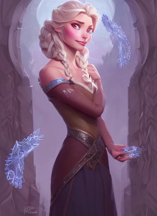 Image similar to elsa, d & d, fantasy, intricate, elegant, highly detailed, digital painting, artstation, concept art, matte, sharp focus, illustration, hearthstone, art by artgerm and greg rutkowski and alphonse mucha