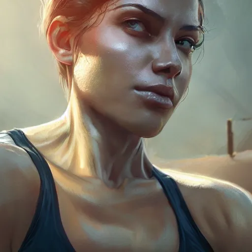 Image similar to a woman with muscles, digital art, photorealistic, unreal engine, 8 k resolution, artstation, beautiful face, pretty face, very detailed eyes, by wlop, greg rutkowski, simon bosley