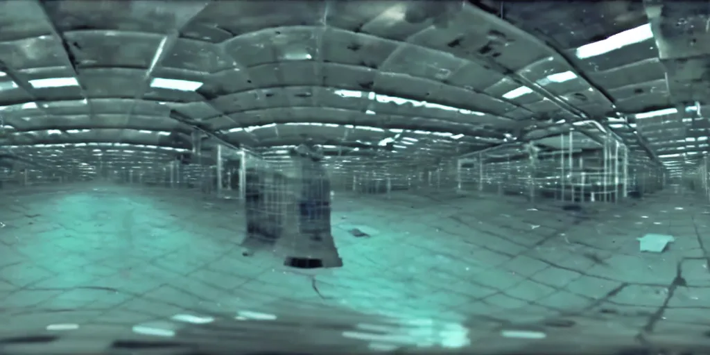 Image similar to abandoned human robot android factory in a mall, distorted 8 mm video still