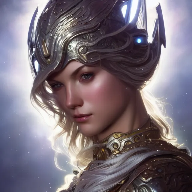 Prompt: close up portrait of a beautiful fantasy female goddess wearing shiny silver armor, glowing hair, glowing light armor, subsurface scattering, ethereal, artistic, temple background with light rays, fantasy atmosphere. art by artgerm, greg rutkowski and alphonse mucha, 3 d artstation octane render,