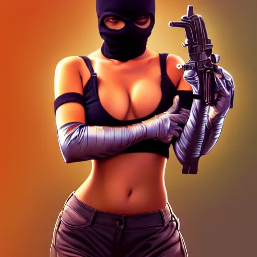 Prompt: cute girl wearing balaclava masks holding a gun, confident pose, radiant light, art by peter lloyd 1 9 8 0, airbrush style, art by hajime sorayama,, intricate, elegant, sharp focus, illustration, highly detailed, concept art, matte, sharp focus, illustration, highly detailed, concept art, h 6 4 0