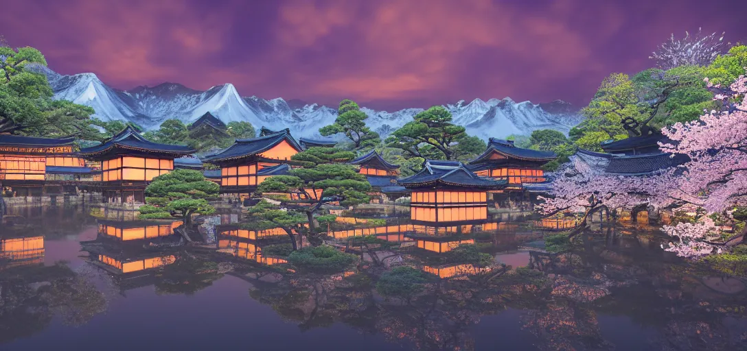 Image similar to very beautiful view of an ancient japanese city at night, large temples with glowing windows, glowing cherry blossom trees, watery lake with dappled reflections, icy mountains in the background, calm clouds, cinematic lighting, ultra detailed, sharp, ambient occlusion, raytracing, by dylan cole, sebastian meyer and jordan grimmer