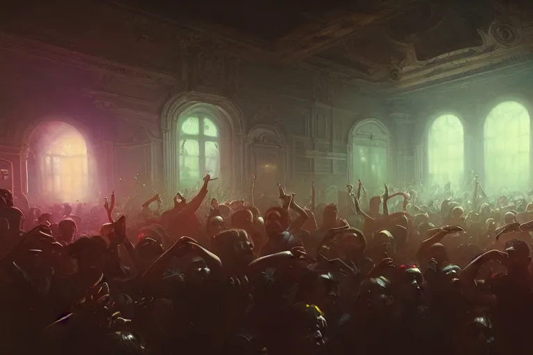 Prompt: scene from a rave, muted colours, beautiful, highly detailed, realistic, digital art, winning award masterpiece, cinematic lighting, trending on artstation, painting by otto dix and greg rutkowski, 8 k