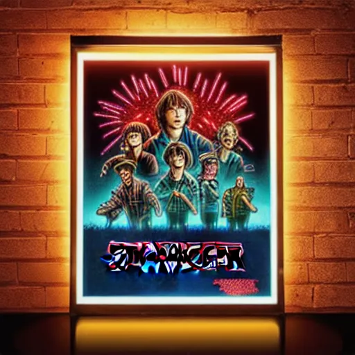 Image similar to stranger things poster hanging on a dark neon light brick wall