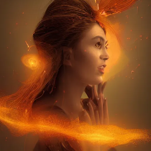 Image similar to masterpiece portrait of an aesthetic beautiful realistic fire mage woman, 3 0 years old woman, dark hair with lighter colorful strands, wearing a thin golden diadem with ruby inlays, digital painting by joachim bergauer, atmospheric effects and fog, chaotic fractal fog and sparks dynamics in the background, intricate, 8 k, octane render, artstation, deviantart, instagram