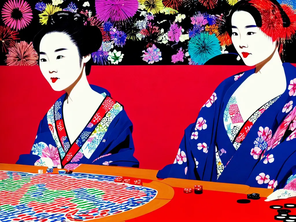 Image similar to hyperrealistic composition of the detailed woman in a japanese kimono sitting at a poker table with detailed darth vader, fireworks, beautiful mountain in the background, pop - art style, jacky tsai style, andy warhol style, acrylic on canvas