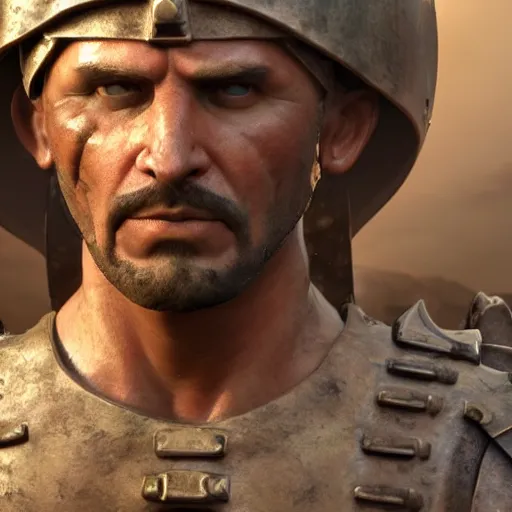 Image similar to a roman solider going into battle with a face that is angry and one that of breavey, 4 k, unreal engine 6, very detailed, high quality, painting,