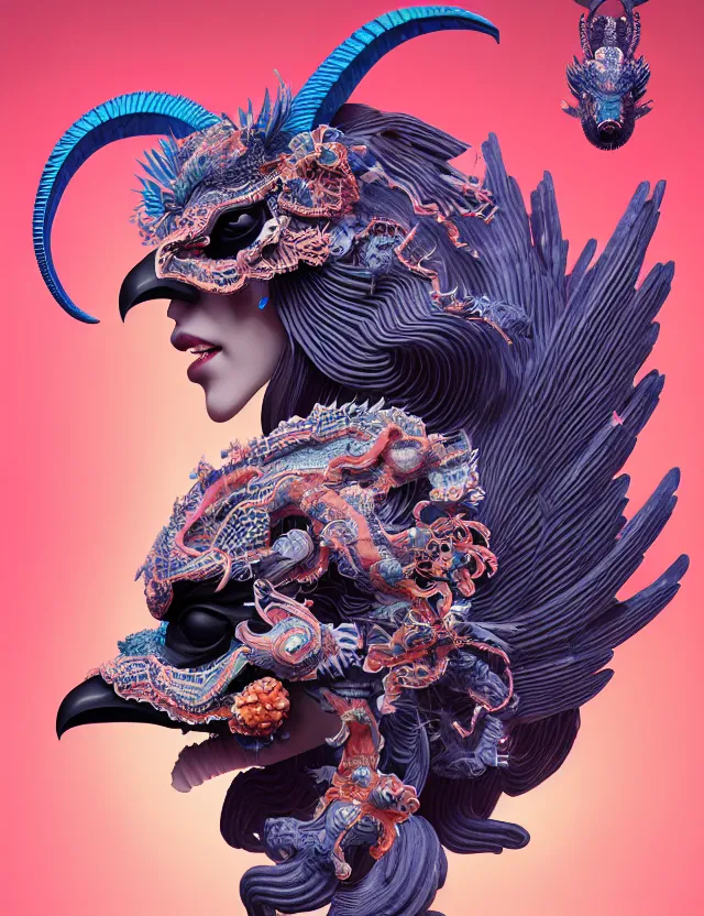 Image similar to 3 d goddess close - up profile portrait of satanic with ram skull. beautiful intricately detailed japanese crow kitsune mask and clasical japanese kimono. betta fish, jellyfish phoenix, bio luminescent, plasma, ice, water, wind, creature, artwork by tooth wu and wlop and beeple and greg rutkowski