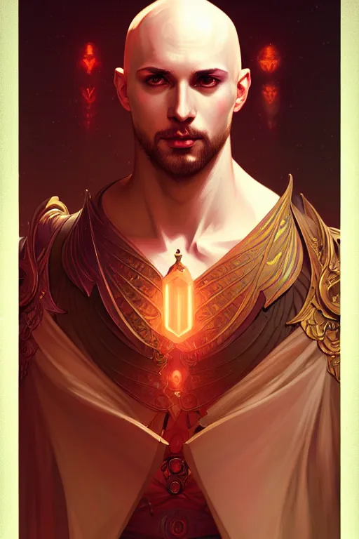 Image similar to bald male aasimar warlock portrait, highly detailed, digital painting, artstation, sharp focus, illustration, art by tan zi and ayanamikodon and alphonse mucha and wlop