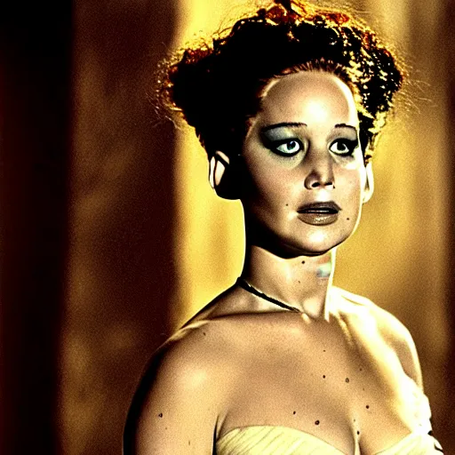 Image similar to jennifer lawrence, color photography, sharp detail, still from the movie bride of frankenstein