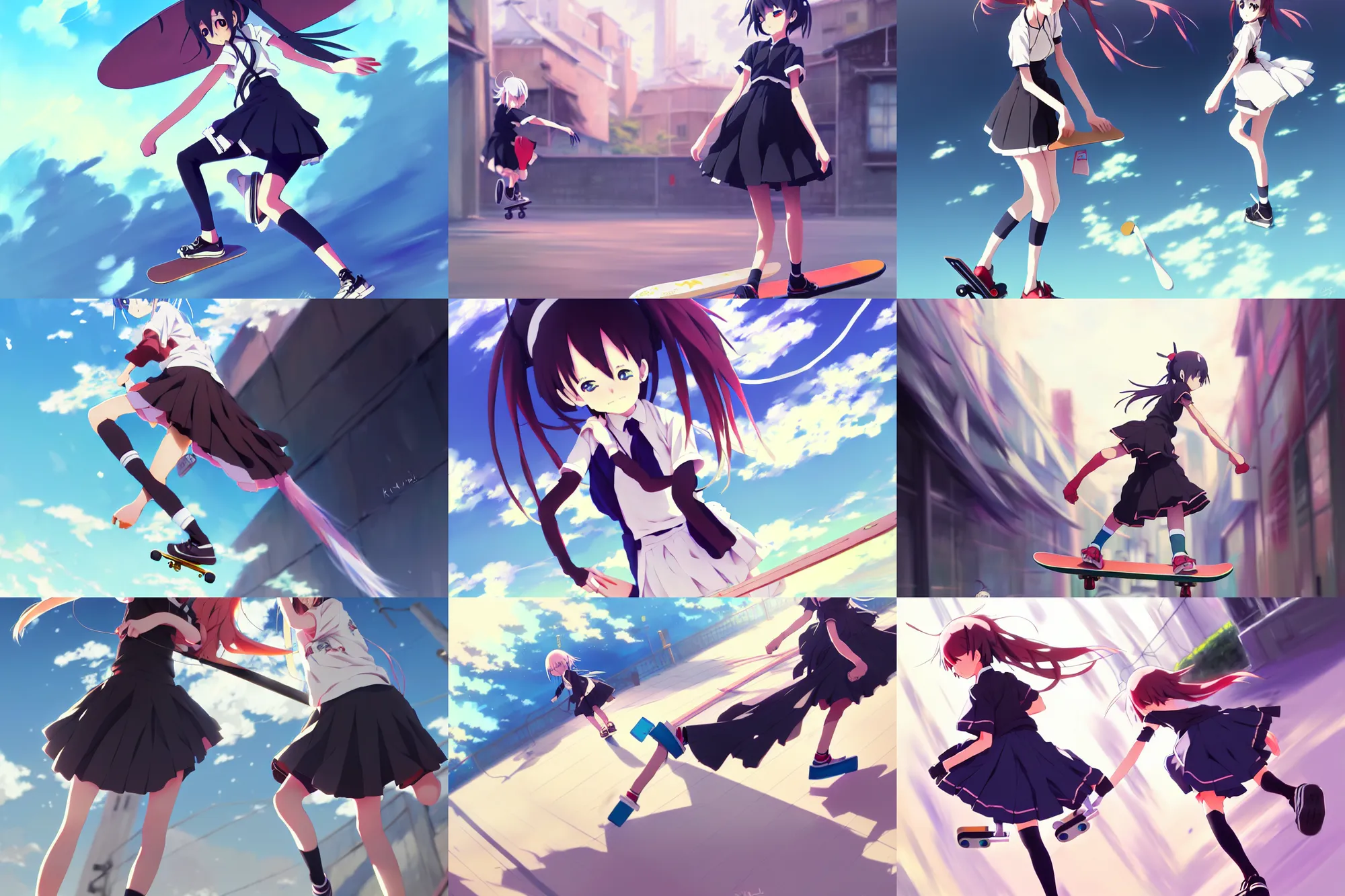 Prompt: anime key visual concept art of anime maid skateboarding, trending on artstation, brush strokes, oil on canvas, style of kawacy and makoto shinkai and greg rutkowski and studio ghibli