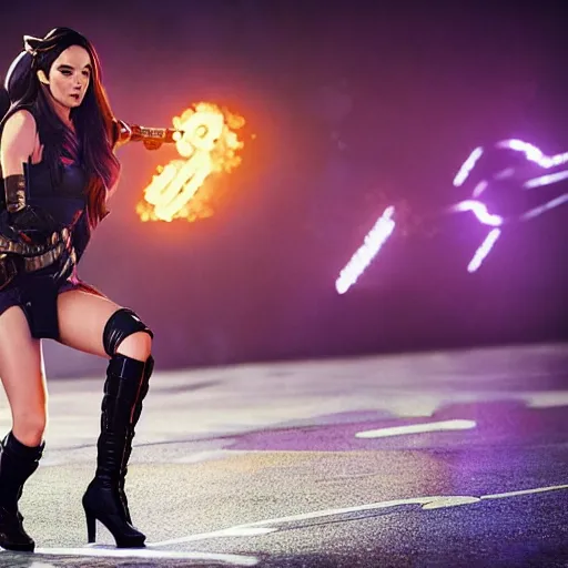 Prompt: action still of Caitlyn in KDA League of legends movie played by Megan Fox. dslr, 4k, imax, cinematic, 35mm, 4k resolution