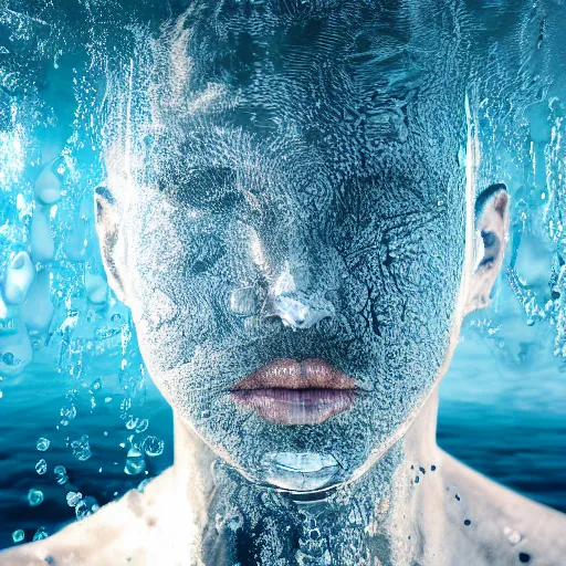 Image similar to water artwork manipulation in the shape of a human head, on the ocean water, futuristic style, hyper realistic, ray tracing, realistic water, sharp focus, long shot, 8 k resolution, cinematic, photoshop water art
