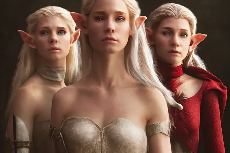 Image similar to a cinematic headshot portrait of three female elf warriors, 8 k, ultra realistic, dramatic lighting, mist, by annie leibovitz