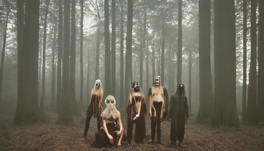 Image similar to high realistic photo portrait of esoteric tribes members with taxidermic flesh elongated mask in a foggy forest, cinestill 800t 35mm, heavy grain, high quality,