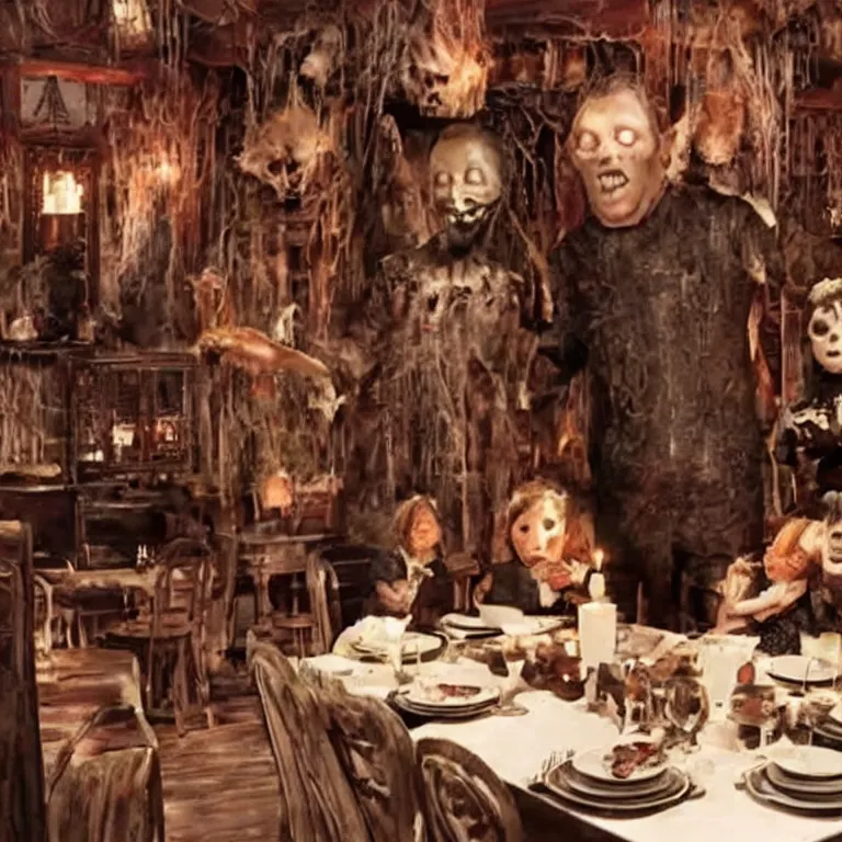 Image similar to A still from a TV ad for an extremely spooky haunted family dining restaurant