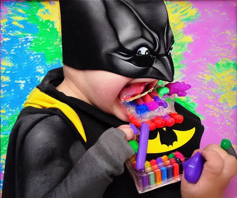 Image similar to “ happy treacher collins batman eating crayons in mouth, photorealistic, hyperrealism, 8 k, mixed - media, extra limbs ”