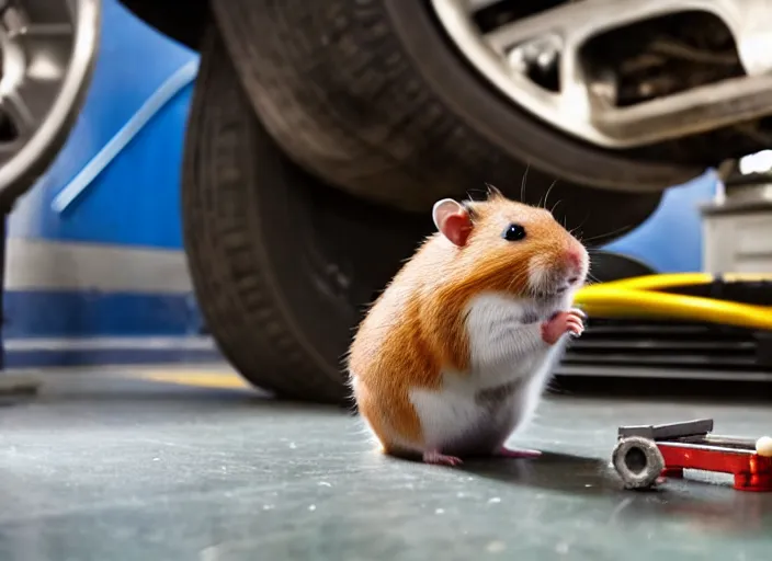 Image similar to film still of a hamster working as a mechanic in an auto shop, 8 k