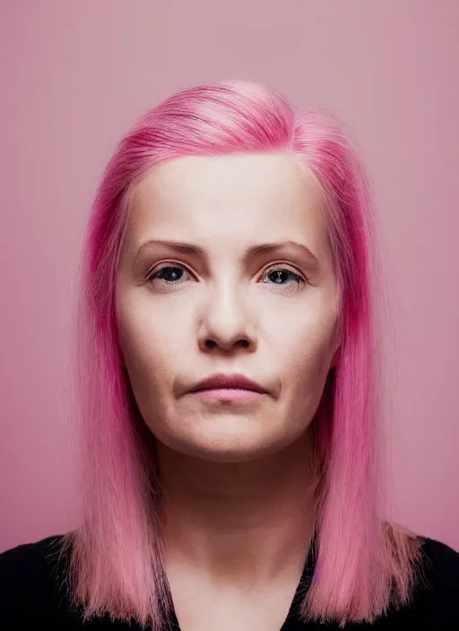 Prompt: portrait of a woman, symmetrical face, pink and cyan hair, she has the beautiful calm face of her mother, slightly smiling, ambient light