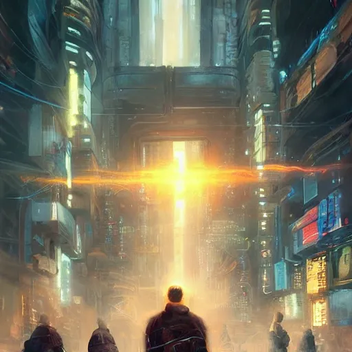 Image similar to an epic painting of the team of group of time travelers, oil on canvas, cold colors, perfect composition, golden ratio, beautiful detailed, photorealistic, digital painting, artstation, concept art, smooth, sharp focus, illustration, cyberpunk background, artstation trending, octane render, unreal engine