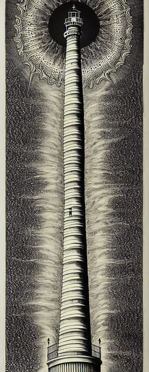 Image similar to an epic lighthouse radiates a unique canto'as above so below'while being ignited by the spirit of haeckel and robert fludd, breakthrough is iminent, glory be to the magic within, in honor of saturn, painted by ronny khalil