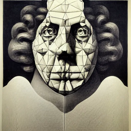 Image similar to lithography on paper conceptual figurative post - morden monumental dynamic portrait by goya and escher and hogarth, inspired by magritte, illusion surreal art, highly conceptual figurative art, intricate detailed illustration, controversial poster art, polish poster art, geometrical drawings, no blur