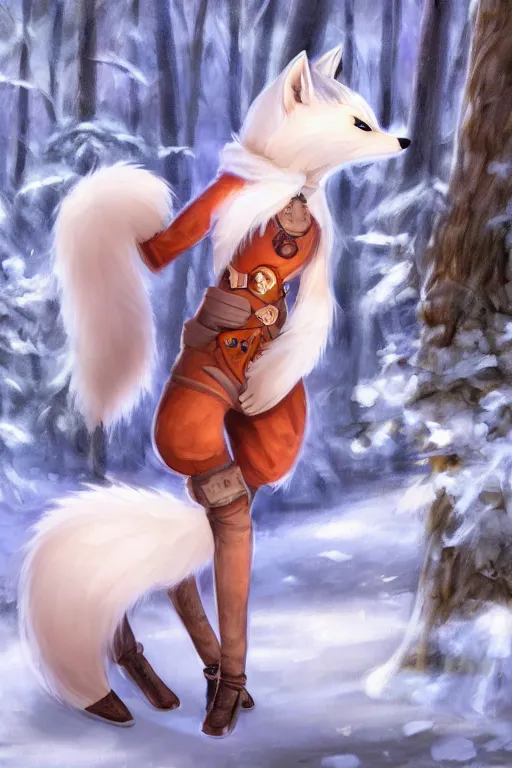 Image similar to a pretty medieval anthropomorphic snow fox with a fluffy tail in the forest, comic art, trending on furaffinity, cartoon, kawaii, backlighting, furry art!!!, radiant light, bokeh, trending on artstation, digital art