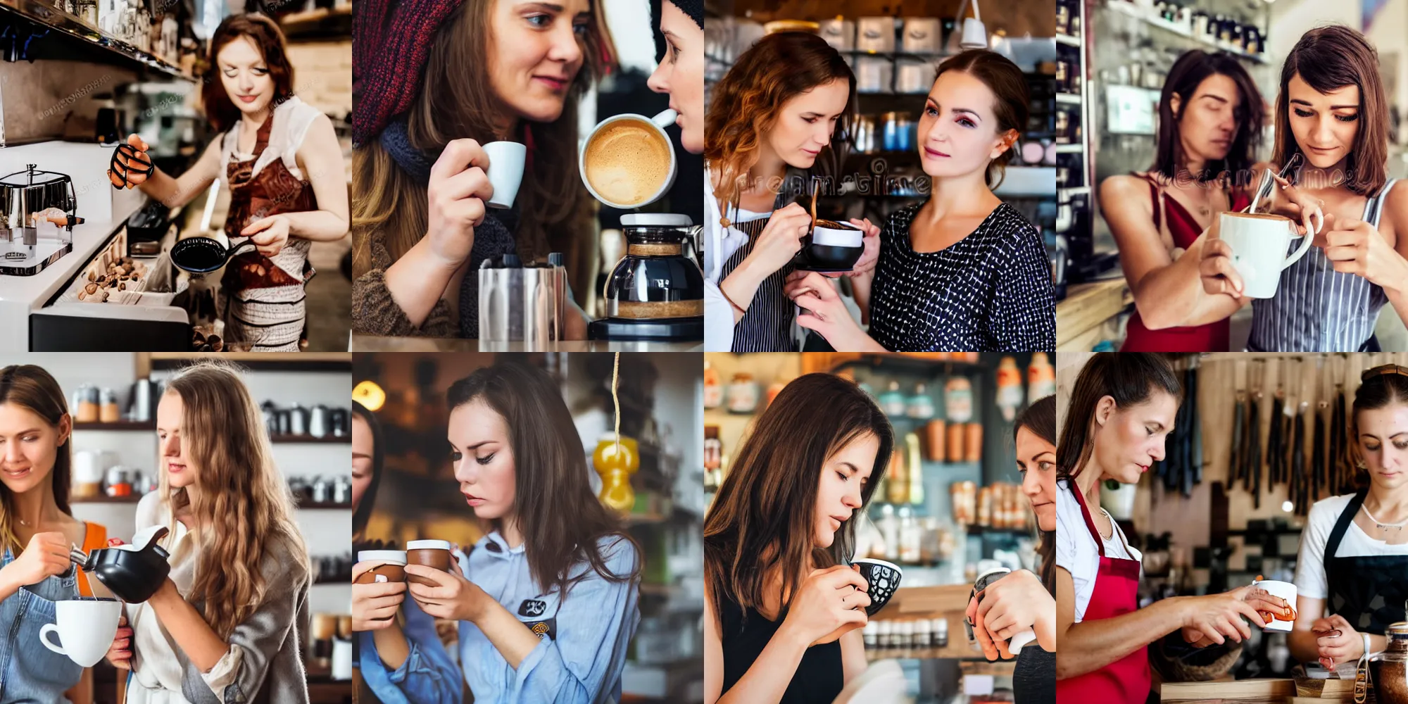 Prompt: professional close-up photo of two women creating a coffee in a shop very detailed eyes, Ukraine. professional photo