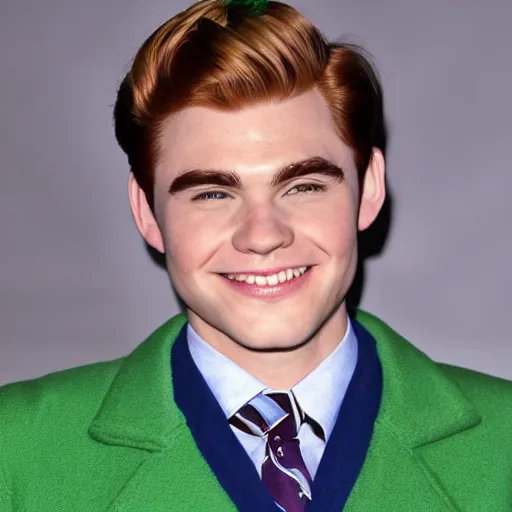 Prompt: Archie Andrews wearing a green bow tie and a blue letterman jacket