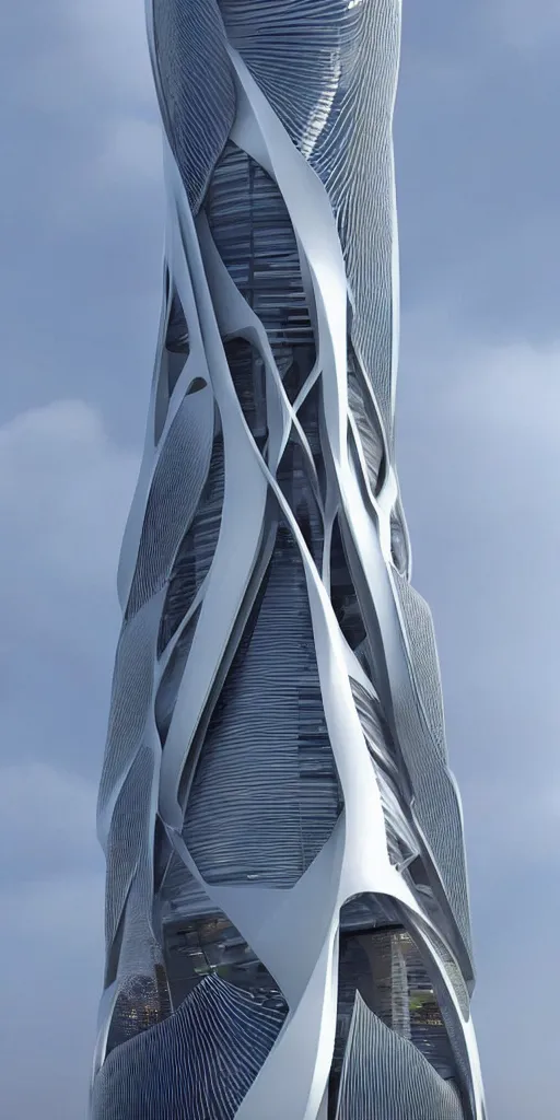 Image similar to epic futuristic tower, highly detailed, realistic, by zaha hadid