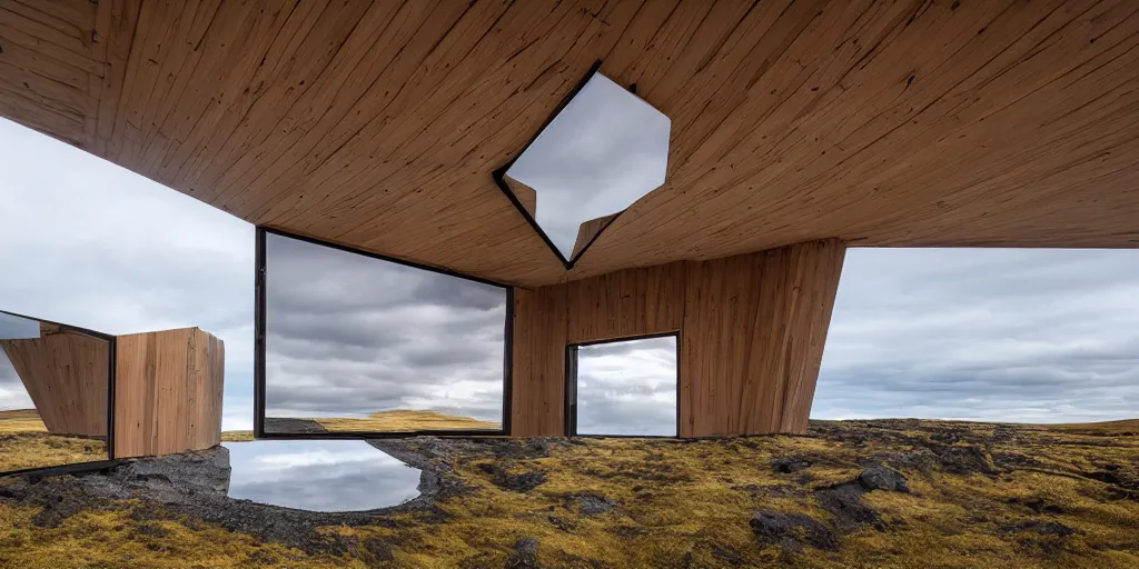 Image similar to futuristic architect house made from deconstucted wood and mirrors, iceland landscape photography, by lurie belegurschi and gunnar freyr