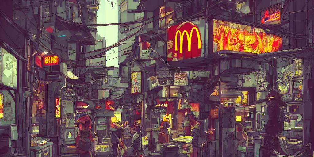 Prompt: a busy backalley cyberpunk mcdonalds by kirokaze