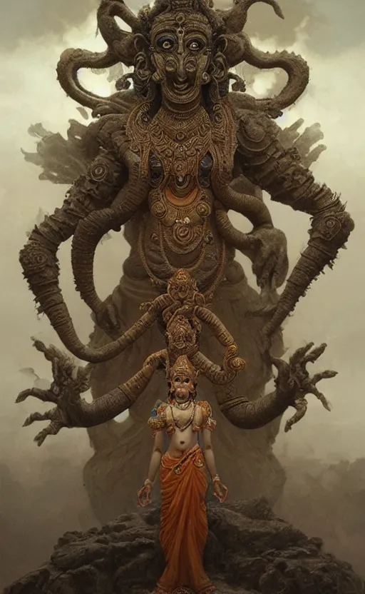 Image similar to an ancient hindu creature made of dust and earth, a mythological being that came from within the earth, a hindu god with many arms, gigantic, incomprehensible and frightening, trending on artstation, volumetric lighting, atmospheric portrait, highly detailed, art by greg rutkowski and alphonse mucha