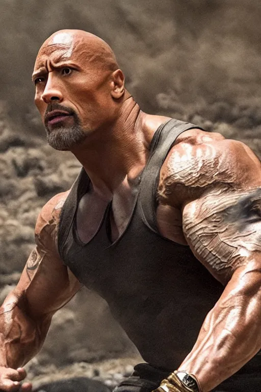 Image similar to An epic cinematic film still of Dwayne Johnson in a movie directed by Denis Villeneuve.