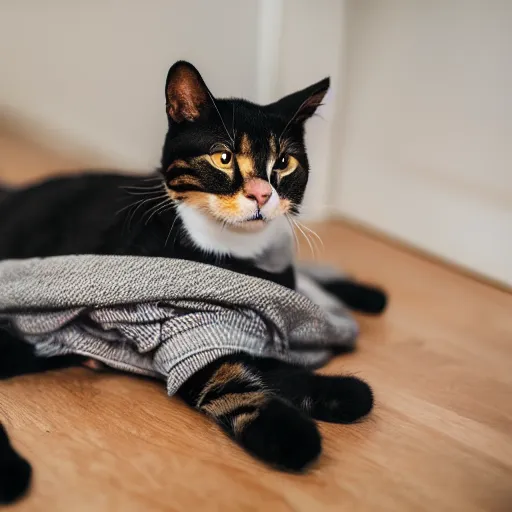 Image similar to a cat in a room full of clothes on the floor, detailed photo, Canon 5D, 50mm lens