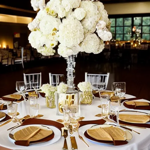 Image similar to walnut, gold, and white themed wedding reception