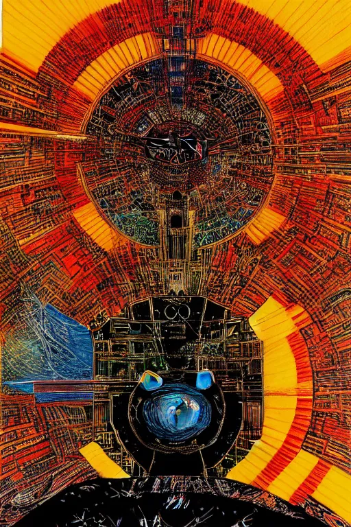 Prompt: a painting of a blazing geometric sun above a techno sentinel, detailed, 4 k, by stanley donwood philippe druillet and victo ngai,