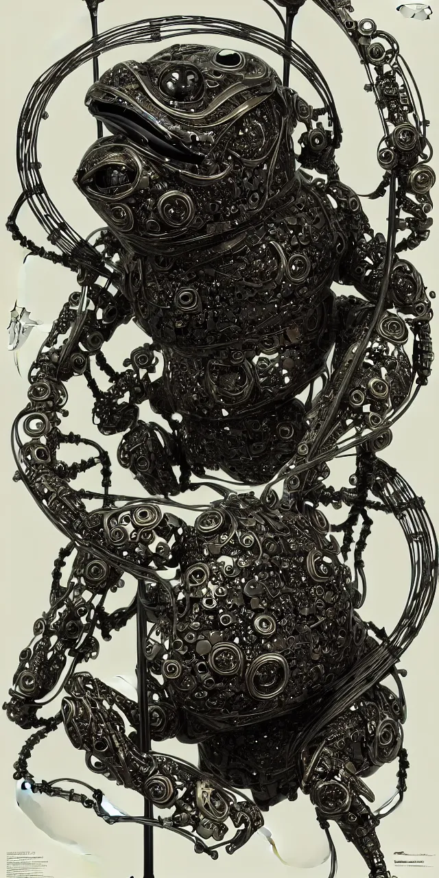 Prompt: beautiful cybernetic biomechanical robotic frog and cables arranged in a damask pattern + clear glass exoskeleton, inside organic robotic tubes and parts, black background, symmetrical composition + intricate details, hyperrealism, wet, reflections + by alfonse mucha and peter mohrbacher, no blur
