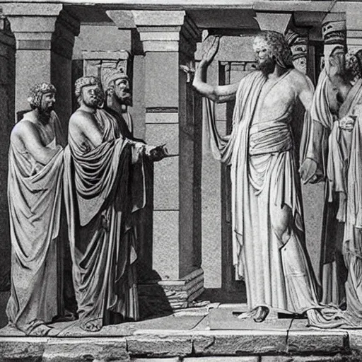 Prompt: the oracle in delphi giving a prophecy to the king of thera, 6 3 0 bc