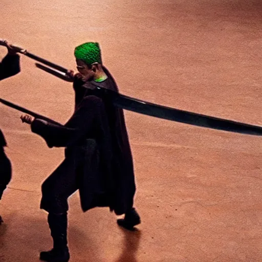 Image similar to real-life zoro, a still of a sword fight film