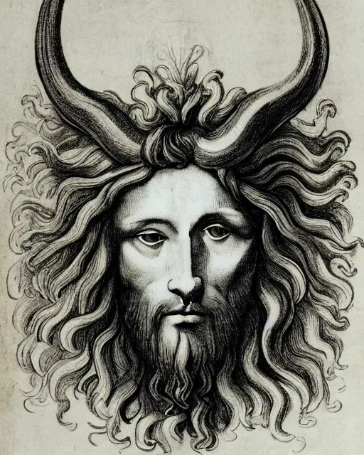 Image similar to four faces in one creature, jesus face, eagle beak, lion mane, two large horns on the head, drawn by da vinci. symmetrical